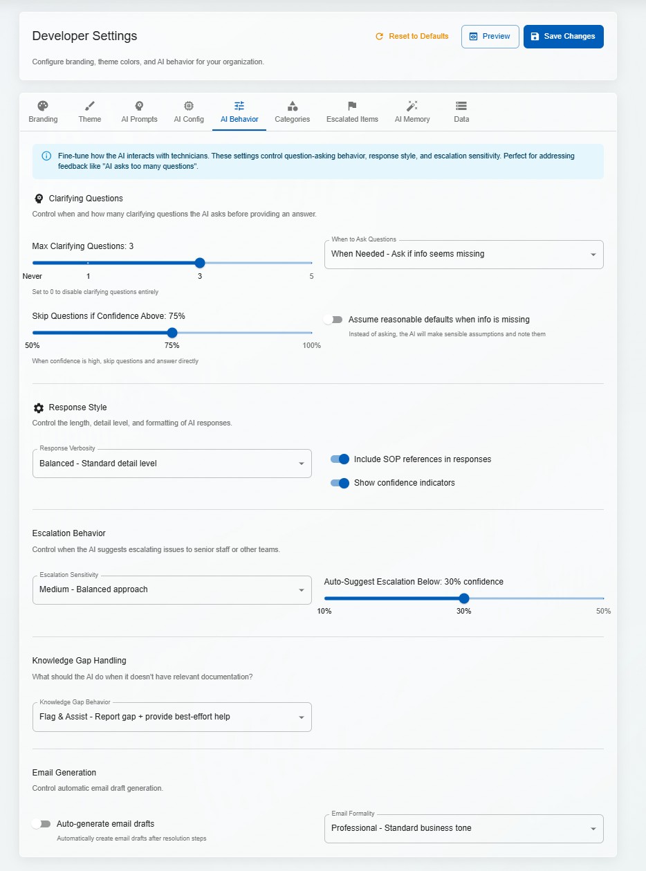 DorrianAI AI behaviour tuning screen