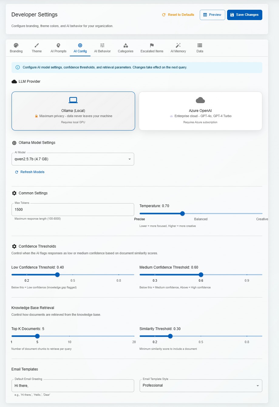 DorrianAI admin panel for AI configuration settings
