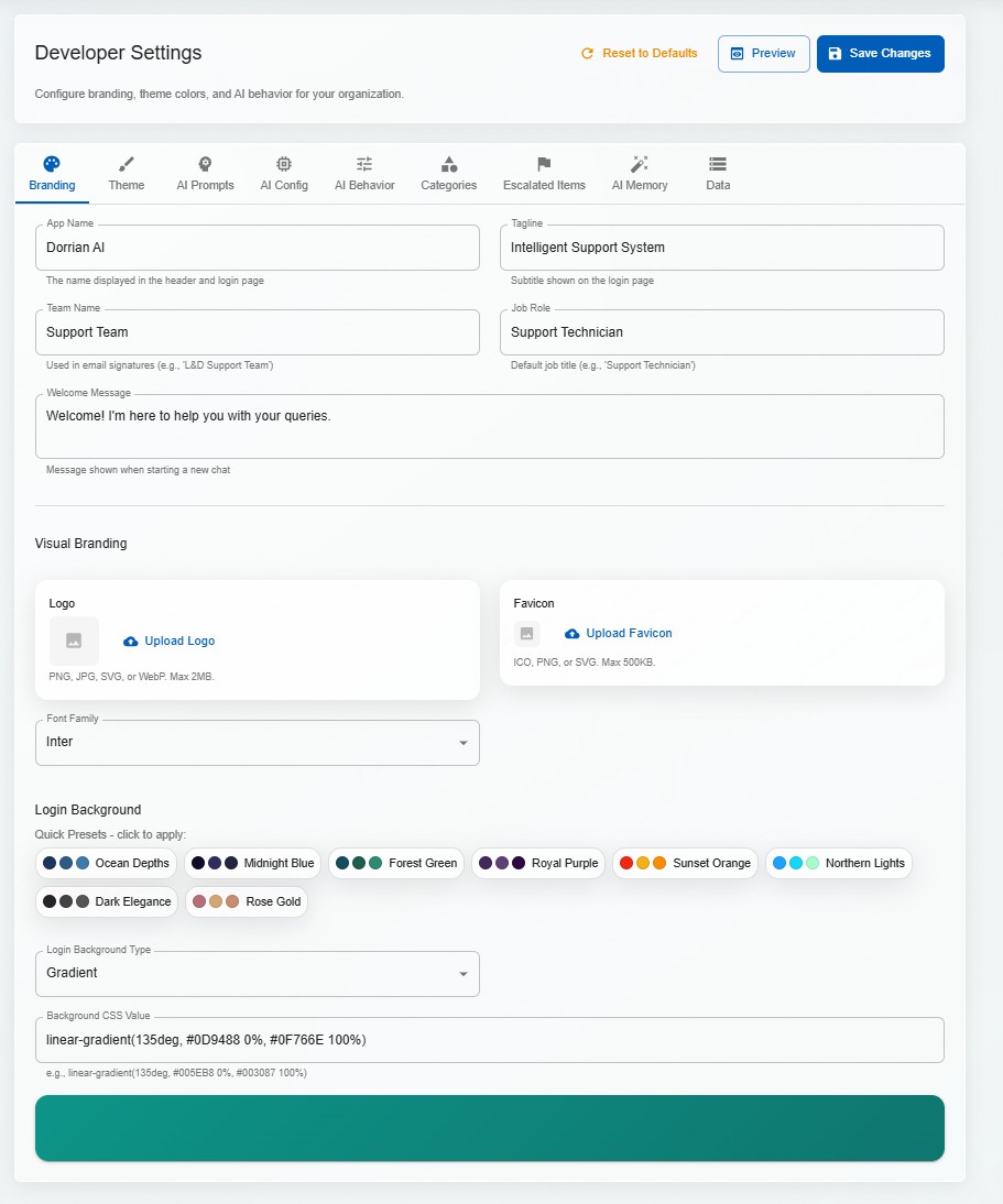 DorrianAI white-label branding settings for tenant customisation