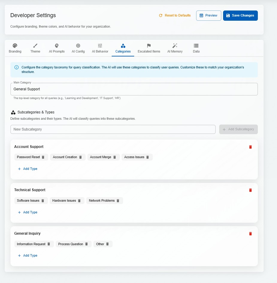 DorrianAI category management screen