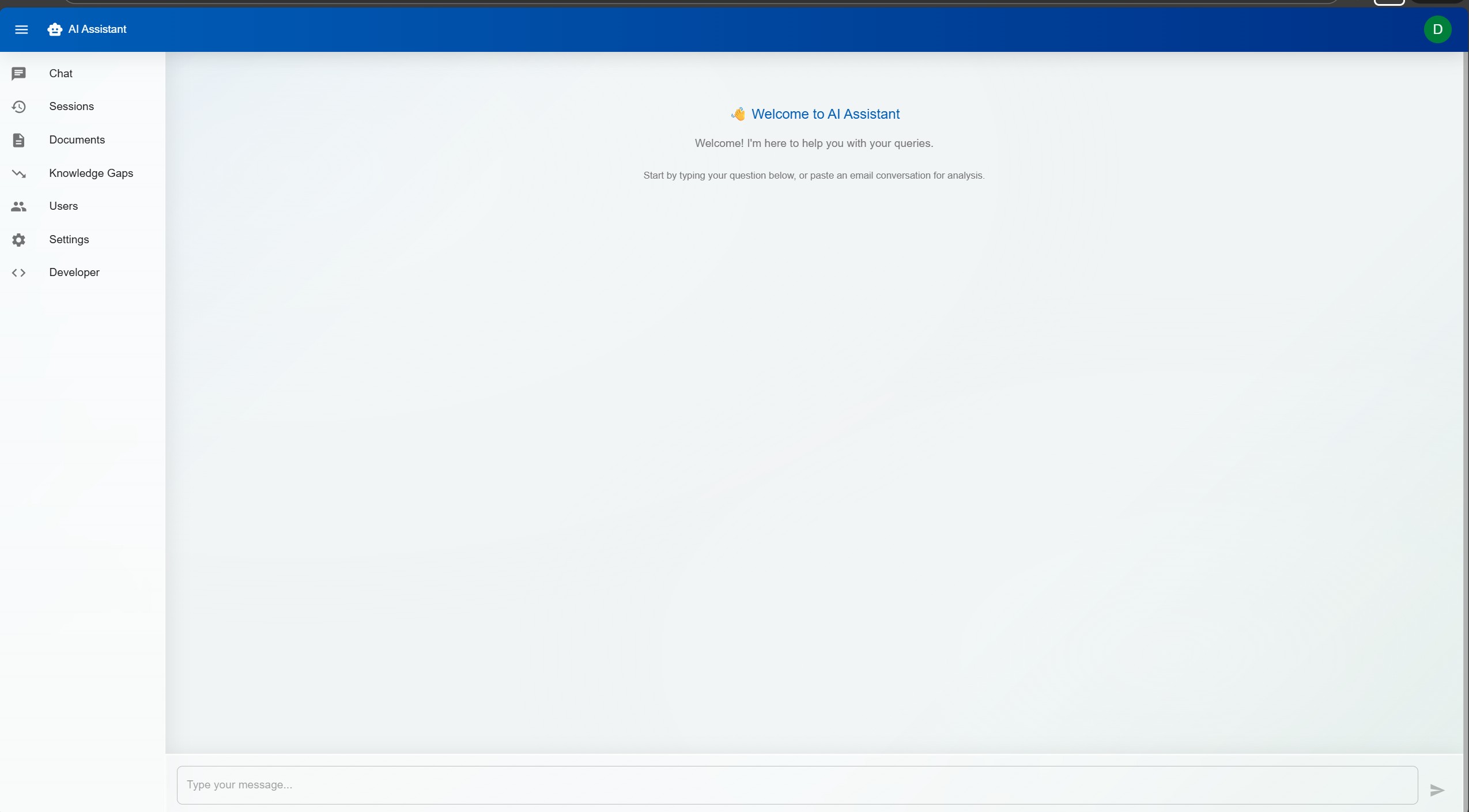 DorrianAI empty chat state before a support query is entered