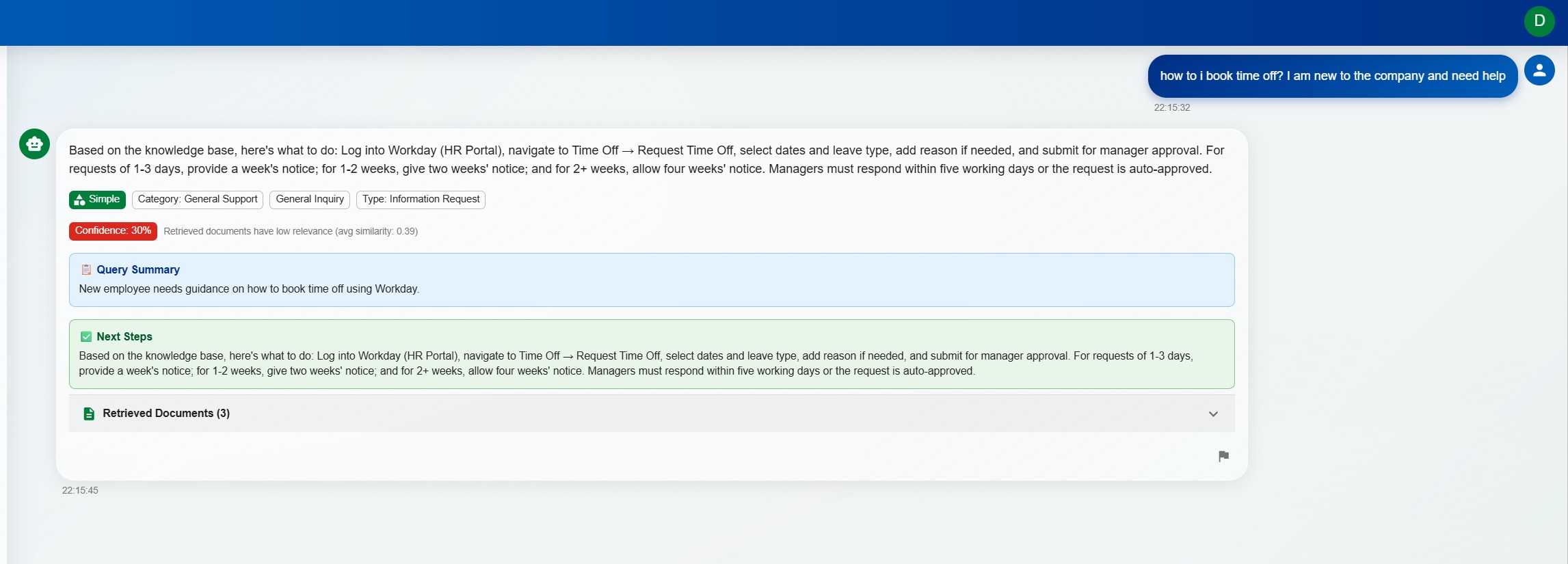 DorrianAI chat with generated response and supporting evidence