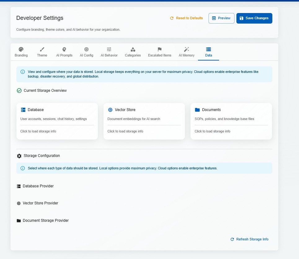 DorrianAI data storage configuration page