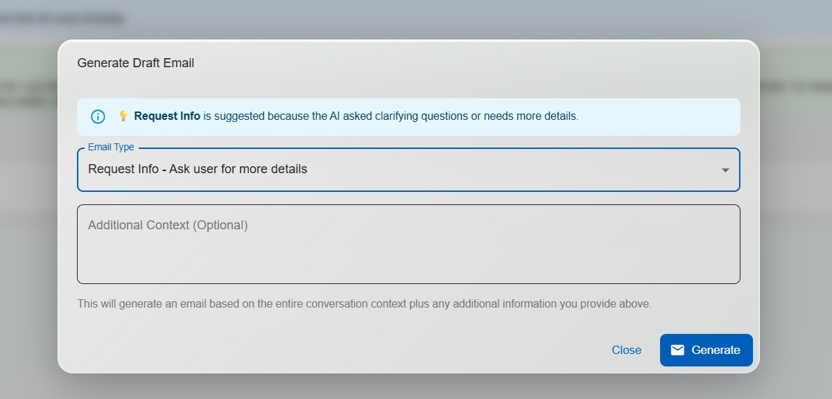 DorrianAI drafting an email to request more information from a user