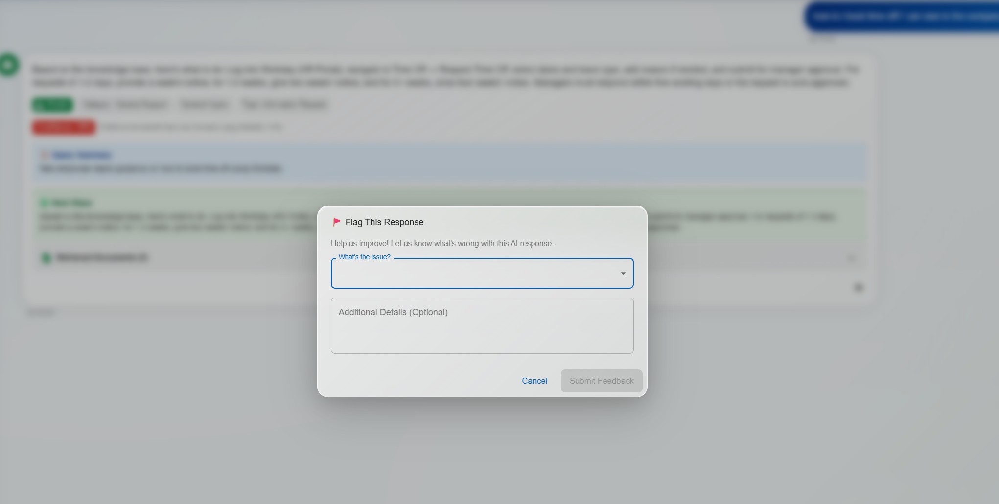 DorrianAI feedback form for flagging a poor AI response