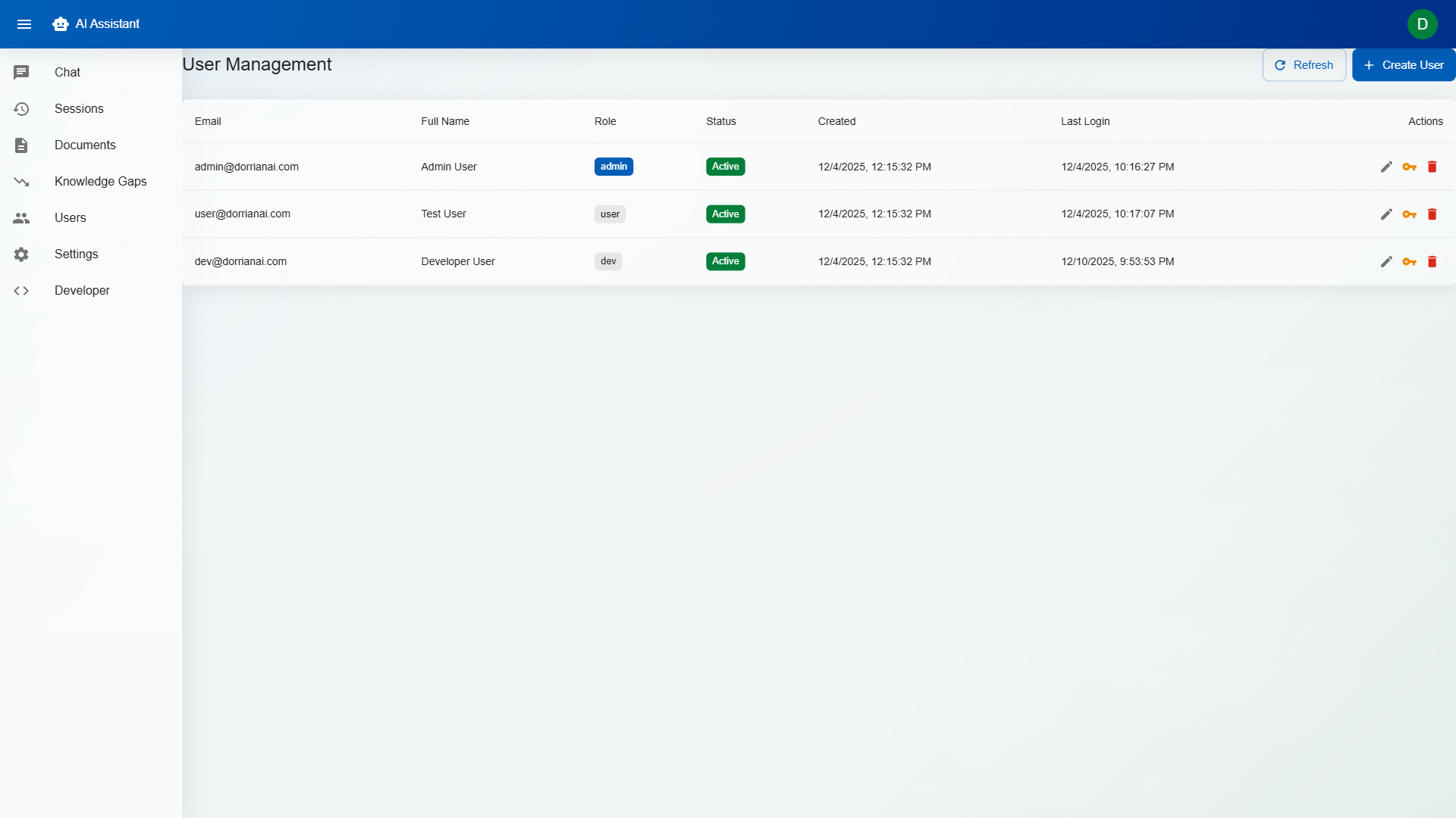 DorrianAI user management page