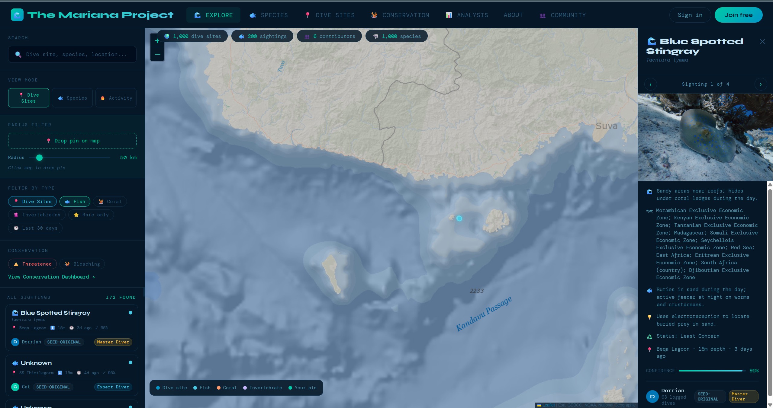 The Mariana Project explore page with an interactive ocean map
