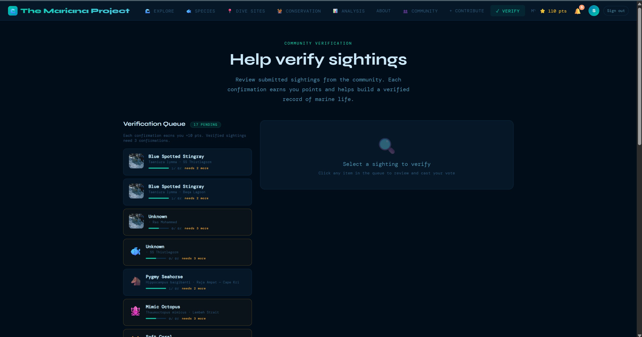 The Mariana Project verification workflow for submitted sightings